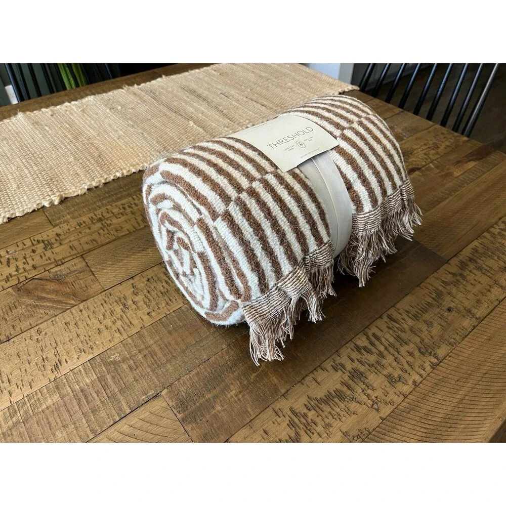 50''x60'' Oversized Woven Linework Throw Blanket Dark Camel/Cream - Threshold